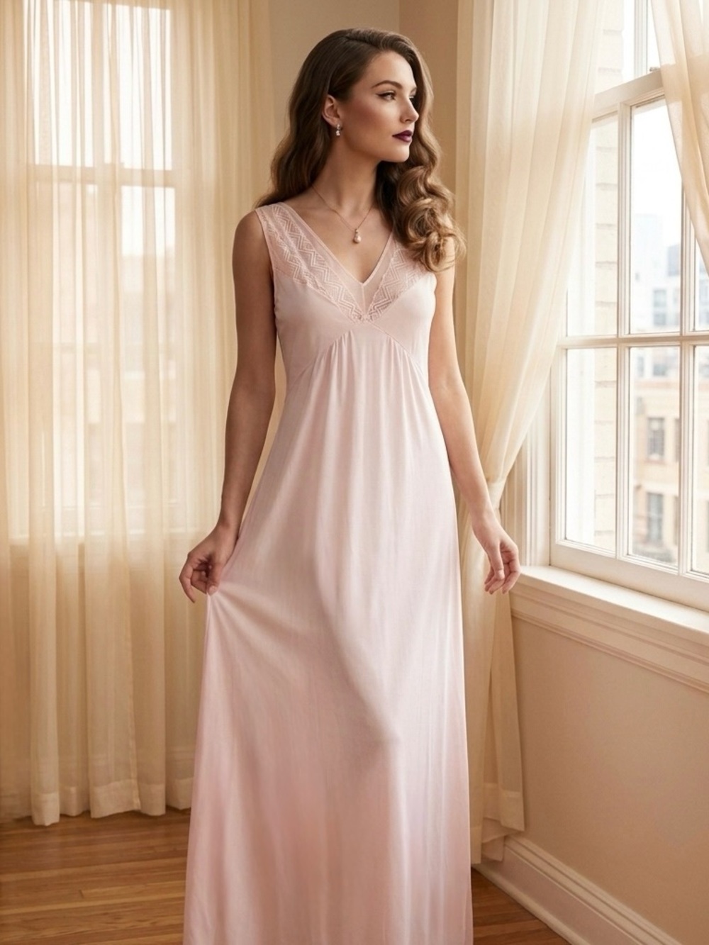 Vtg 60s Texsheen Dallas Sheer Bodice Pink Maxi Nightgown Goddess Trousseau